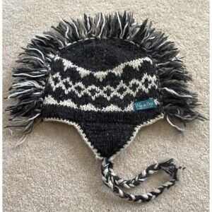 Woolies Wool Hat Cap Ear Flap L Grey Beanie Polar Fleece Lined Nepal Aztec Ikat
